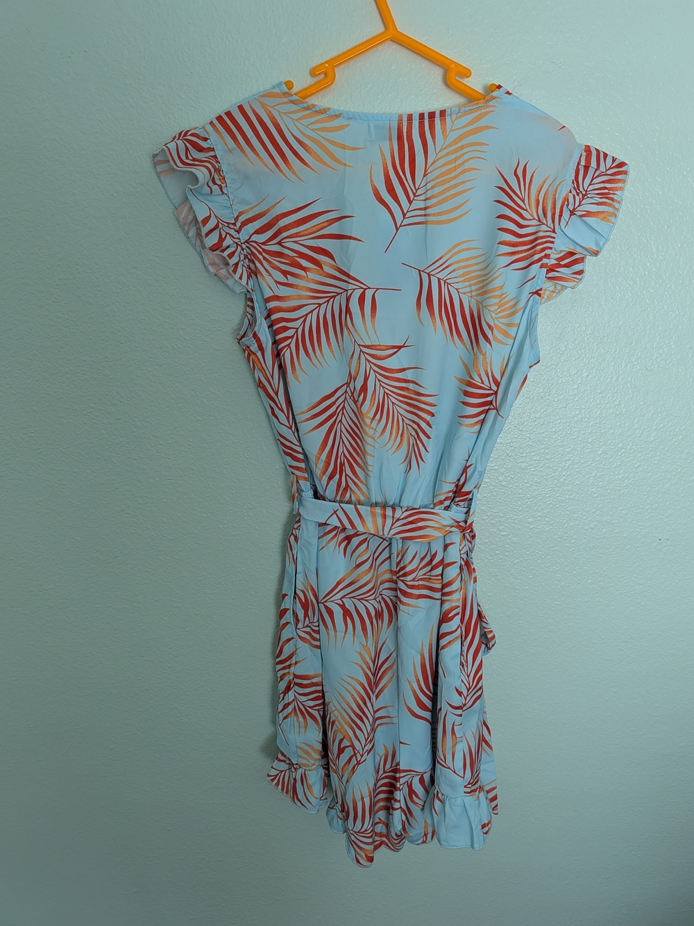 New With Tags! Light Blue Tropical Print Tie-Waist Romper - Picture 6 of 9